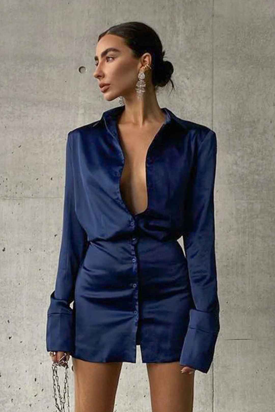 Boho Party Dress, Satin Shirt Dress Allegra in Navy