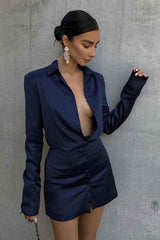 Boho Party Dress, Satin Shirt Dress Allegra in Navy