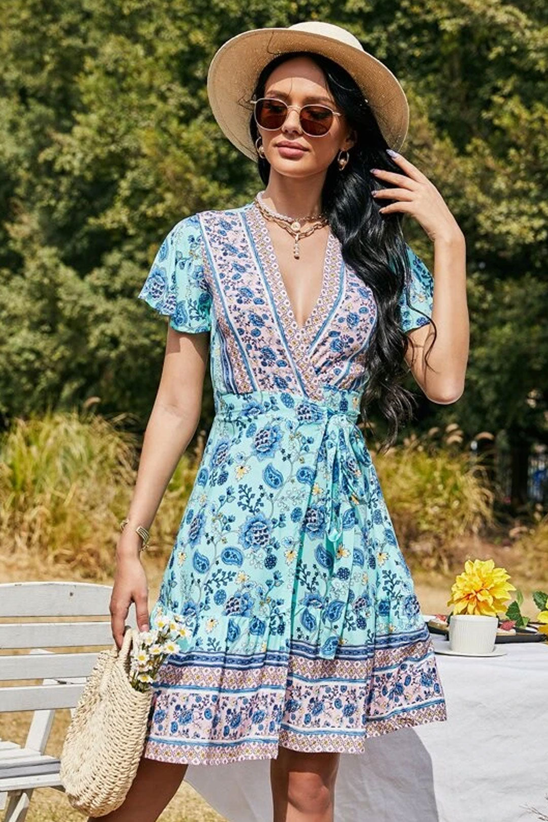 Boho Mini Dress Sundress, Blue Bell Flower