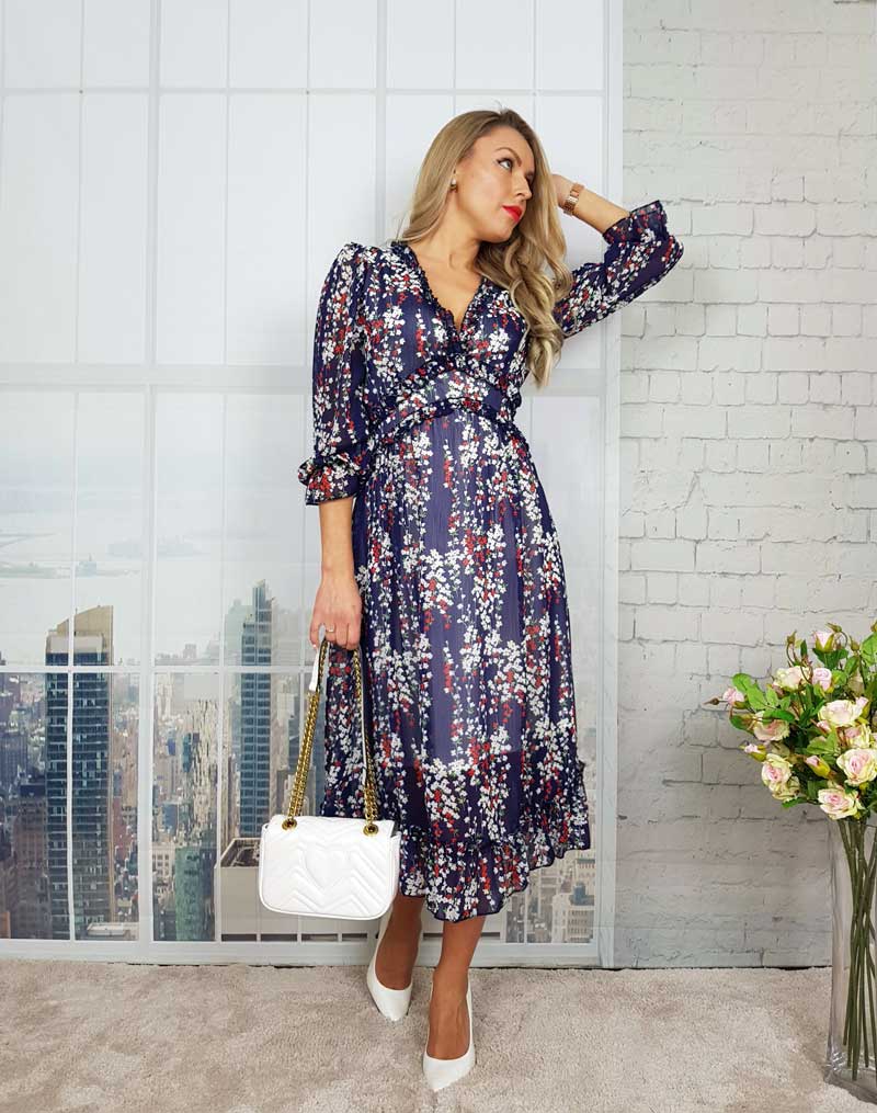 Boho Midi Dress, Ruffle Floral Lillian Navy