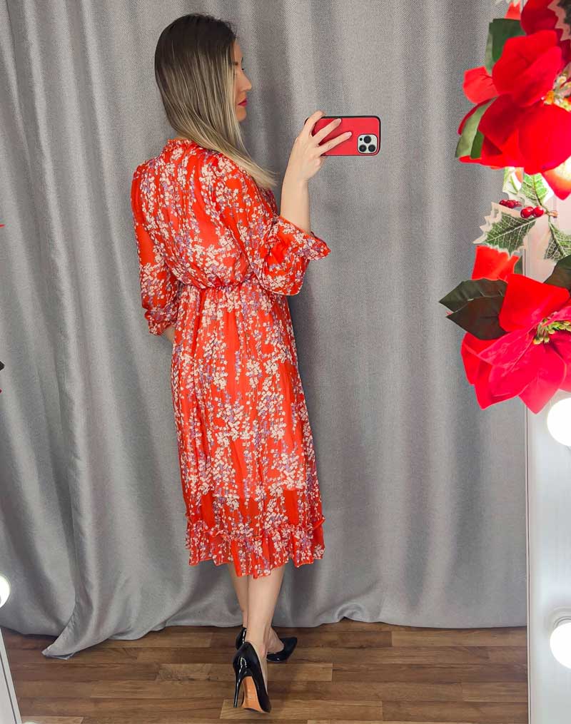 Boho Midi Dress, Ruffle Floral Lillian Red