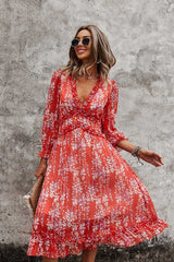 Boho Midi Dress, Ruffle Floral Lillian Red