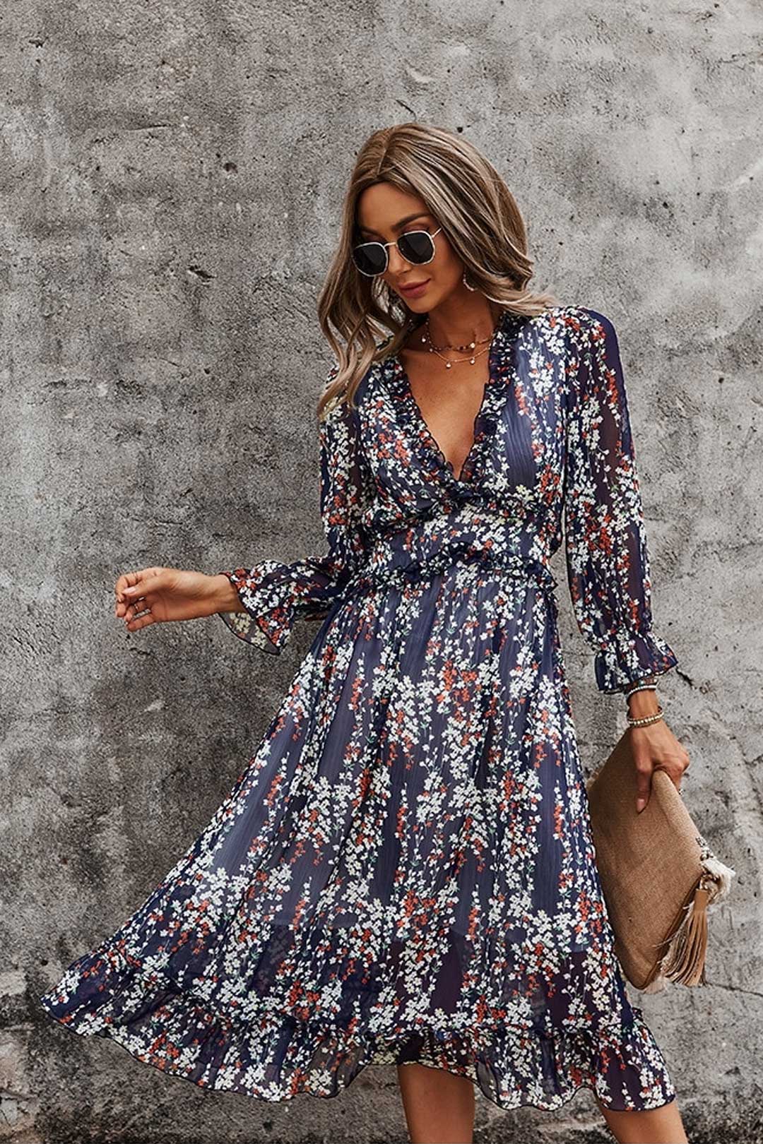 Boho Midi Dress, Ruffle Floral Lillian Navy