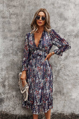 Boho Midi Dress, Ruffle Floral Lillian Navy