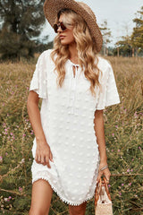 Boho Mini Dress Tunic Dress, White Dot