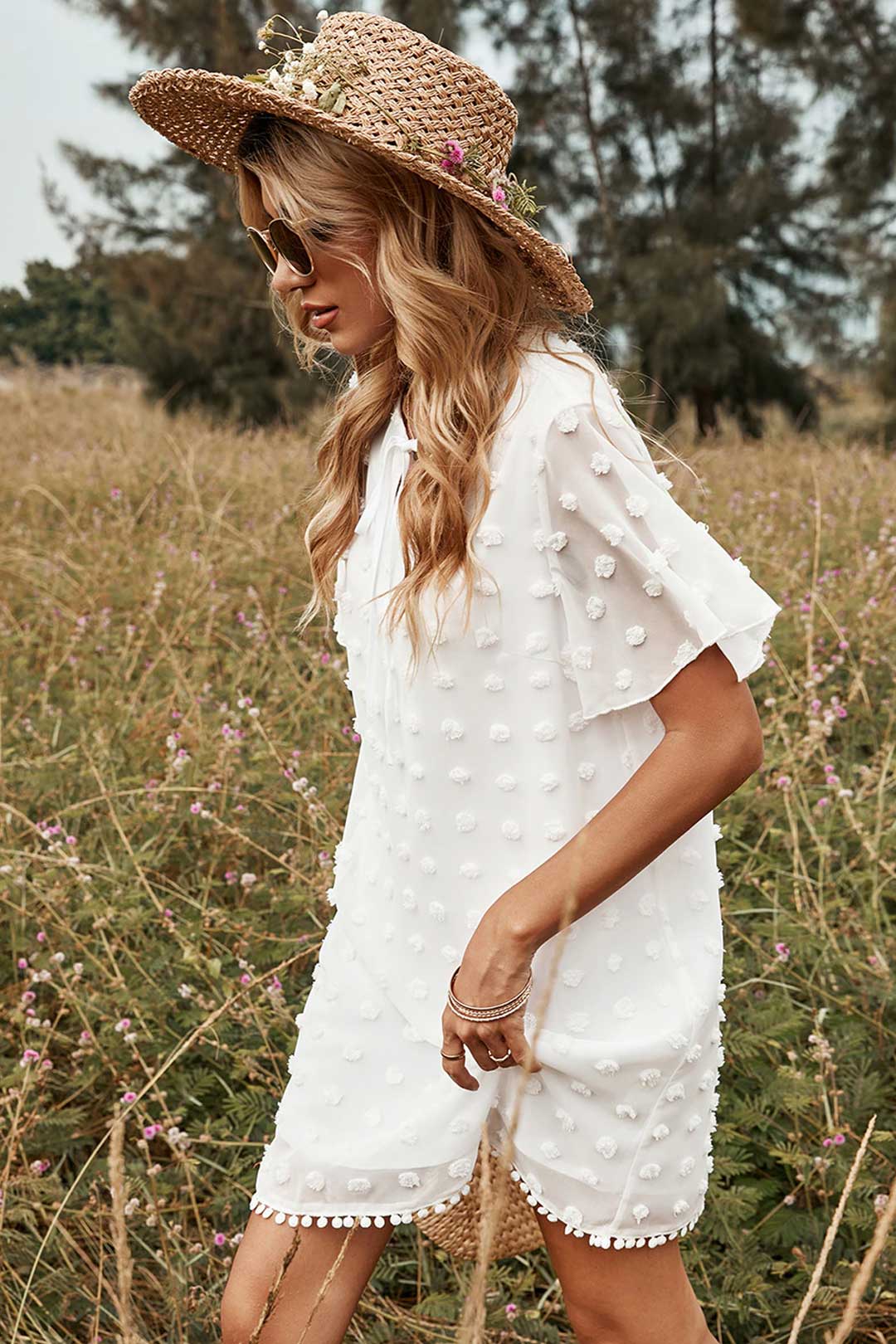 Boho Mini Dress Tunic Dress, White Dot