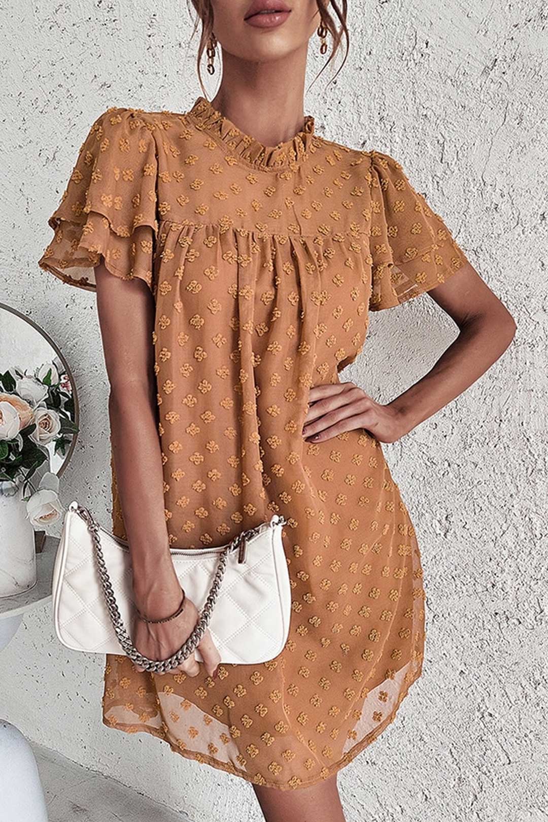 Boho Mini Dress Tunic Dress,Maeve Dot in Brown