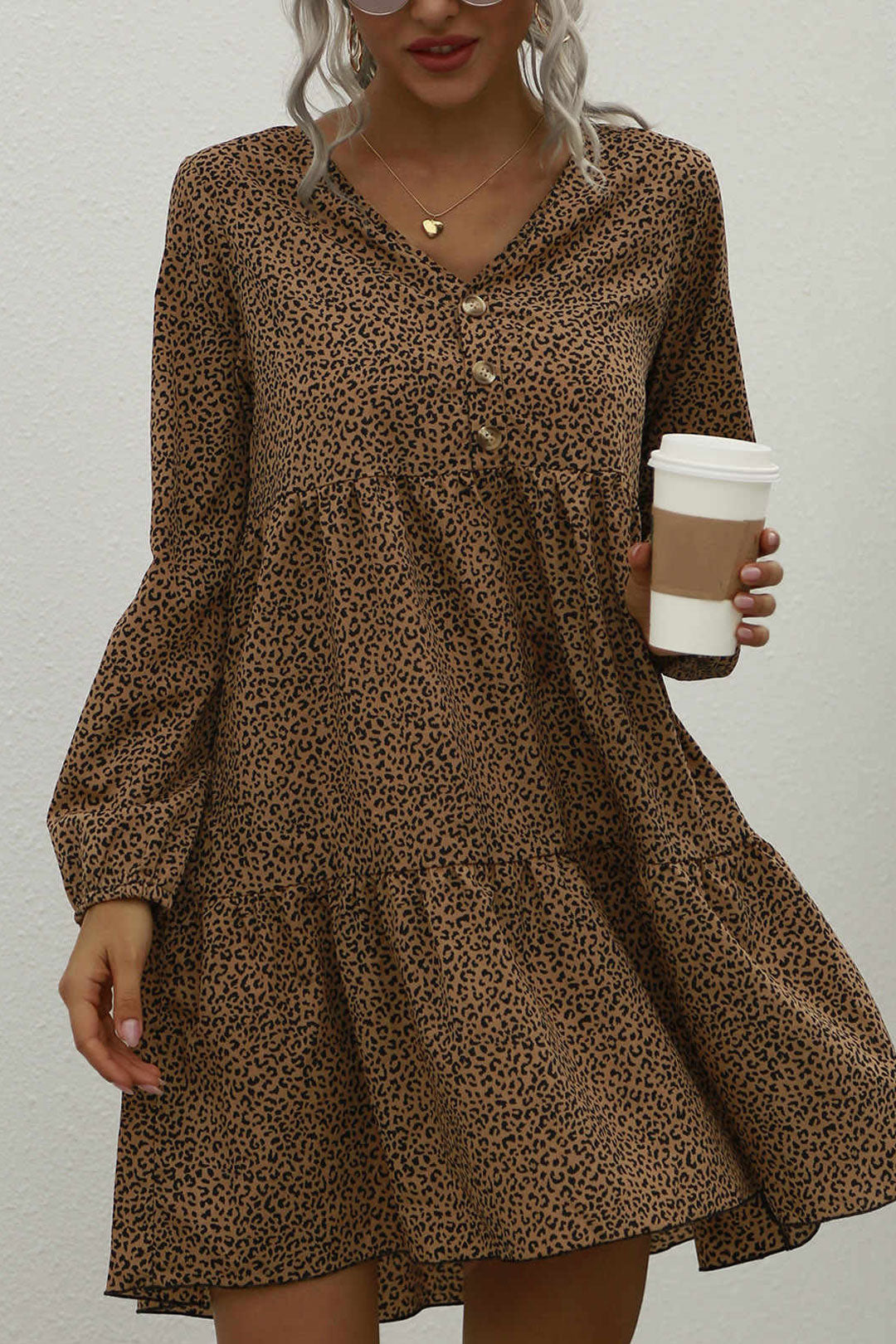 Boho Mini Dress Sundress, Brown Leopard