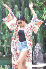 Boho Robe, Kimono Robe,  Beach Cover up, White Floral