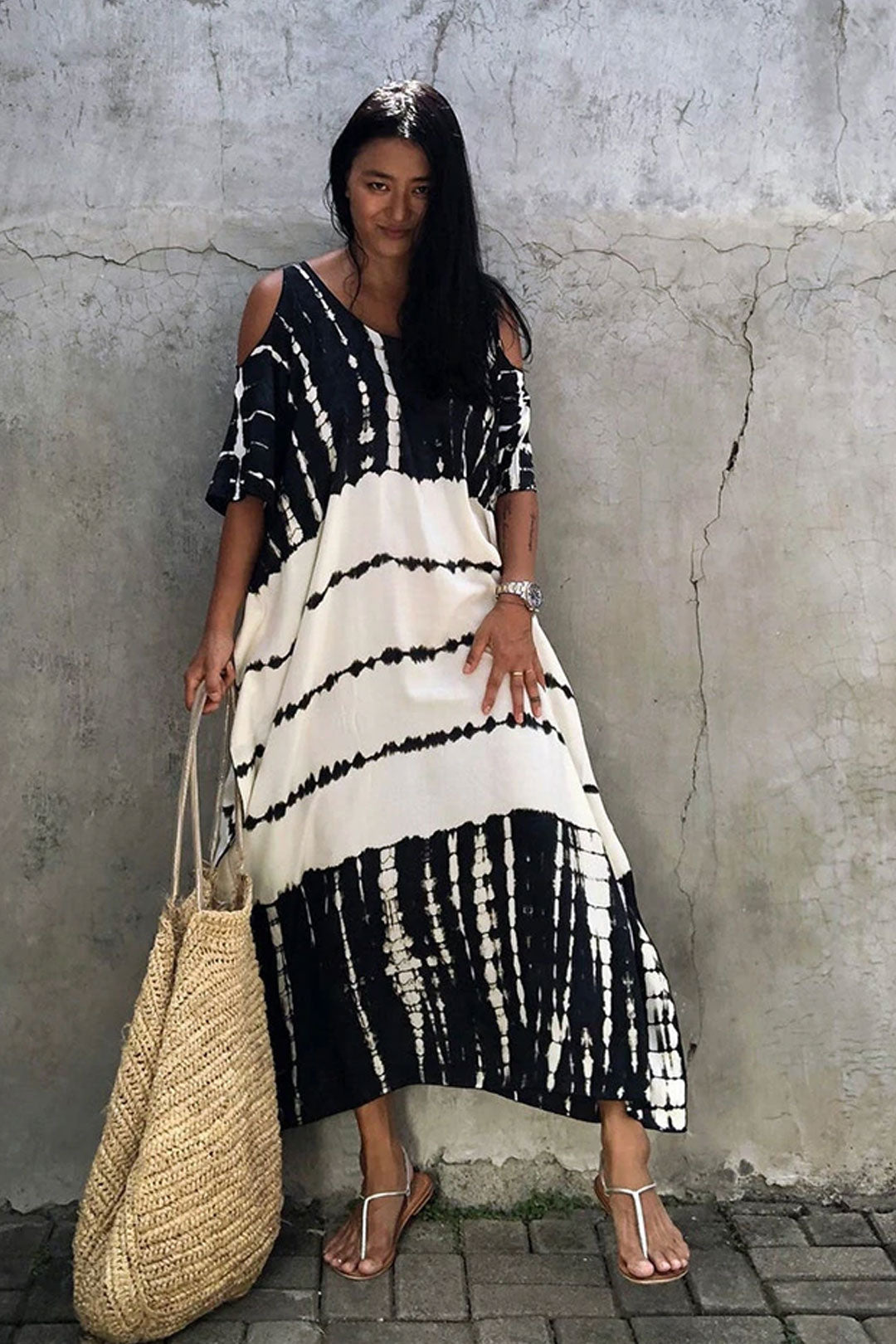 Beach Dress, Cover up Dress,, Kaftan Dress, Black & White Tie Dye Print