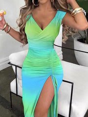 Women's Dresses Tie-Dye V-Neck Drawstring Slit Slim Dress