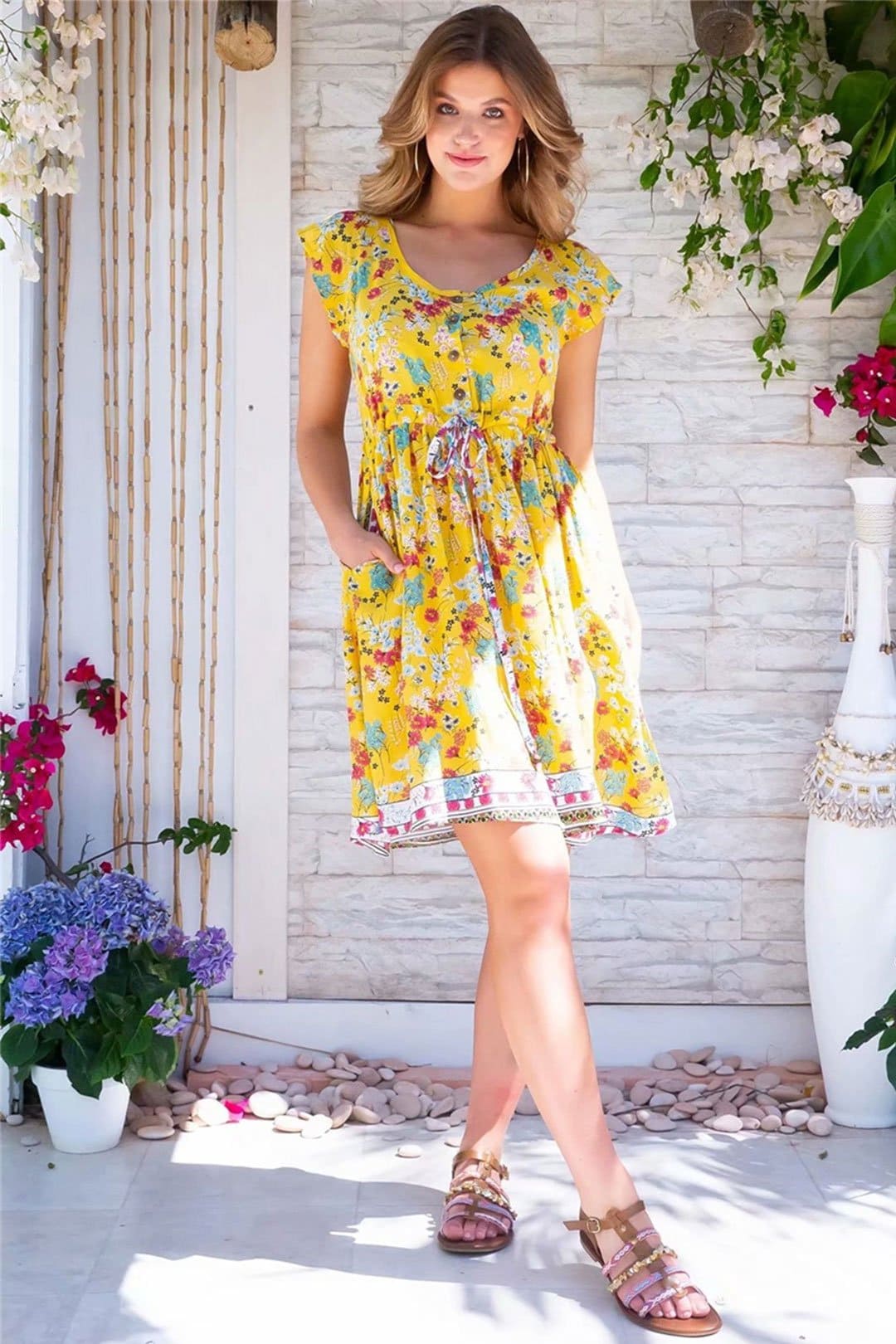 Boho Mini Dress Sundress, Wild Floral in Yellow Ducky