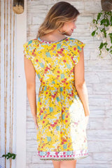 Boho Mini Dress Sundress, Wild Floral in Yellow Ducky