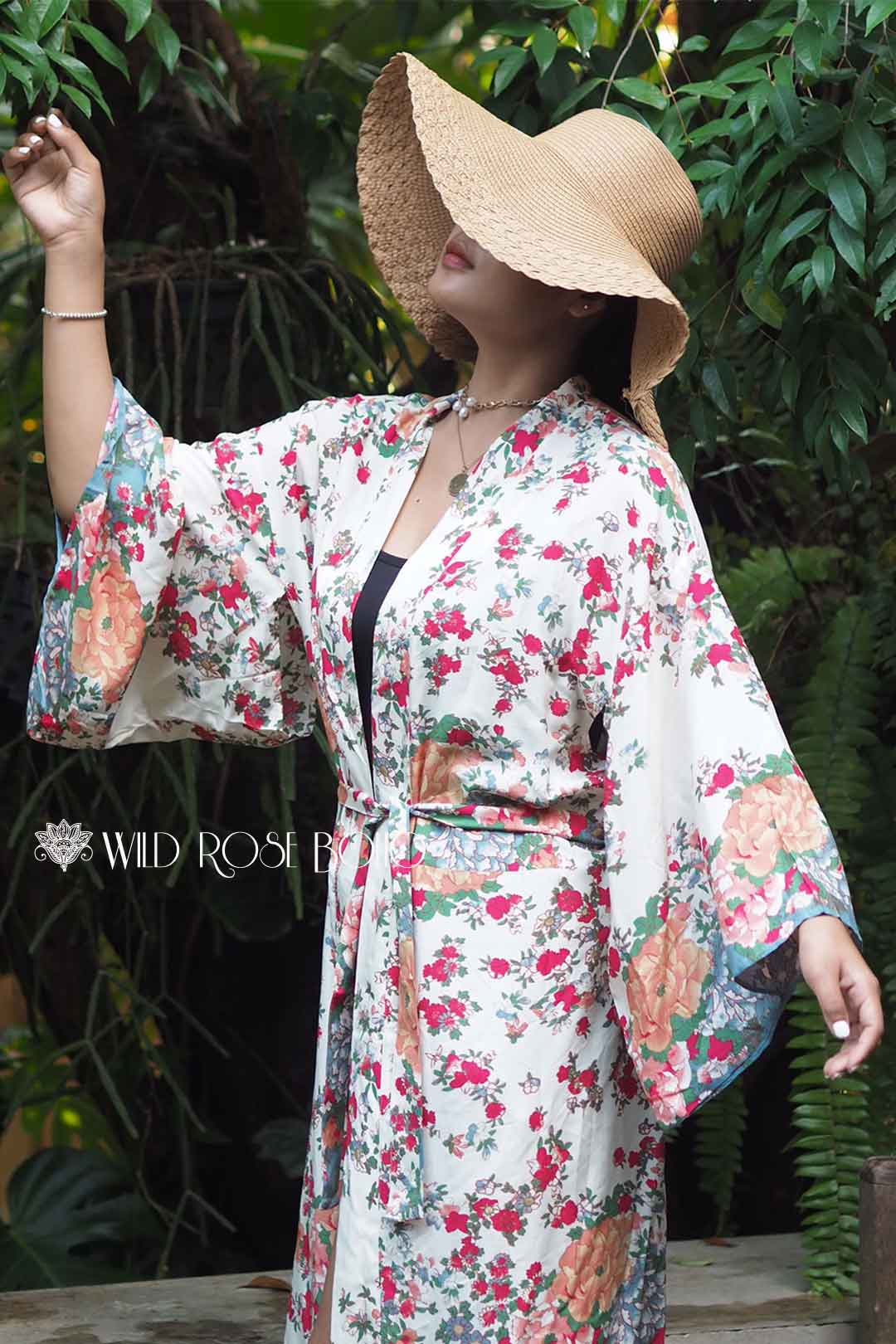 Boho Robe, Kimono Robe,  Beach Cover up, Short Robe, Shelta White Floral