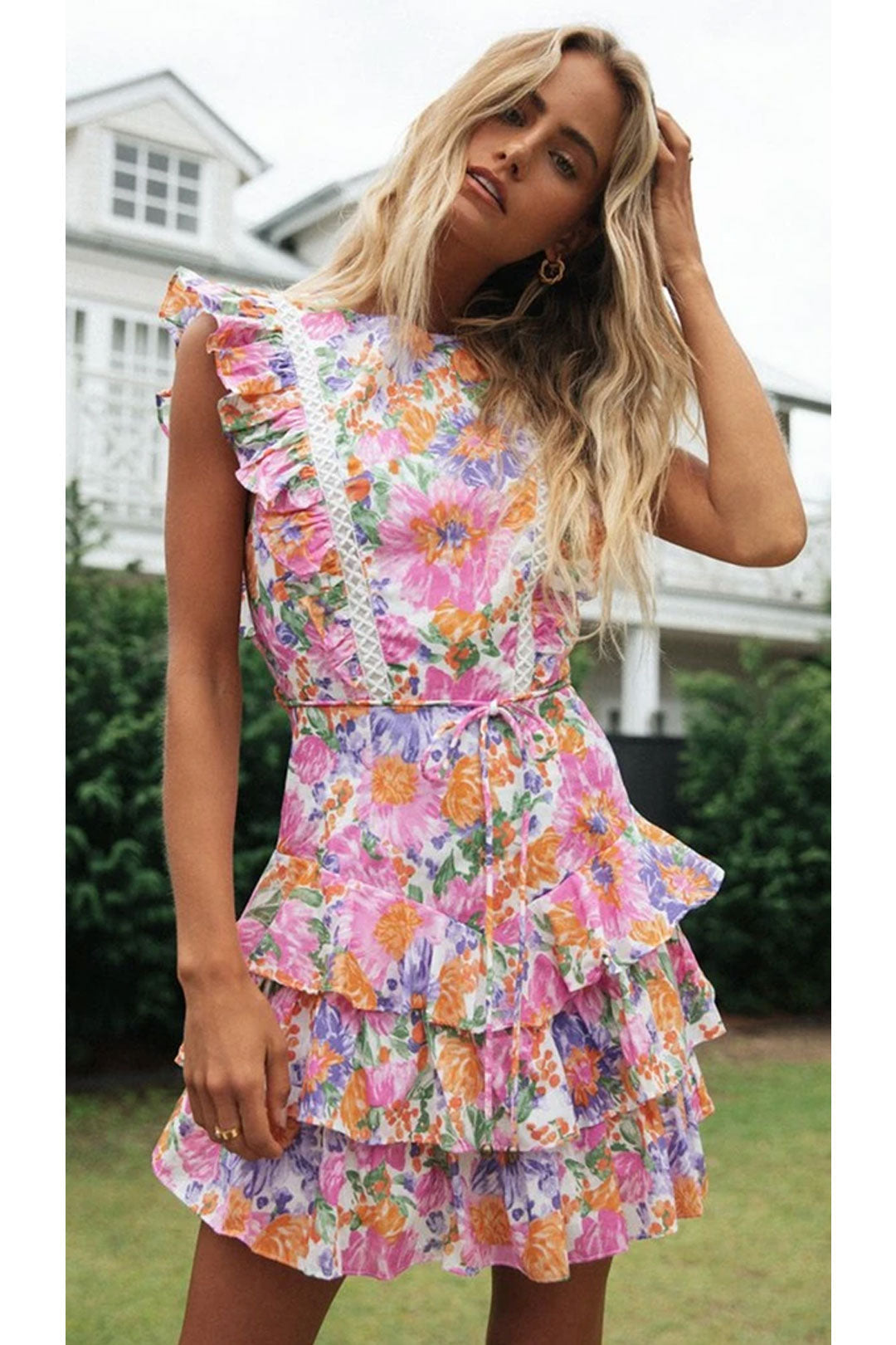 Boho Mini Dress Sundress, Pink Flower Bloom