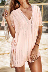 Beach Knitted Cover up, Lupe in  White and Pink