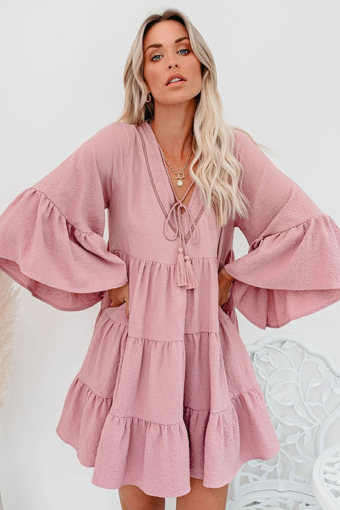 Boho Mini Dress Tunic Dress, Sundress, Julianna in Pink