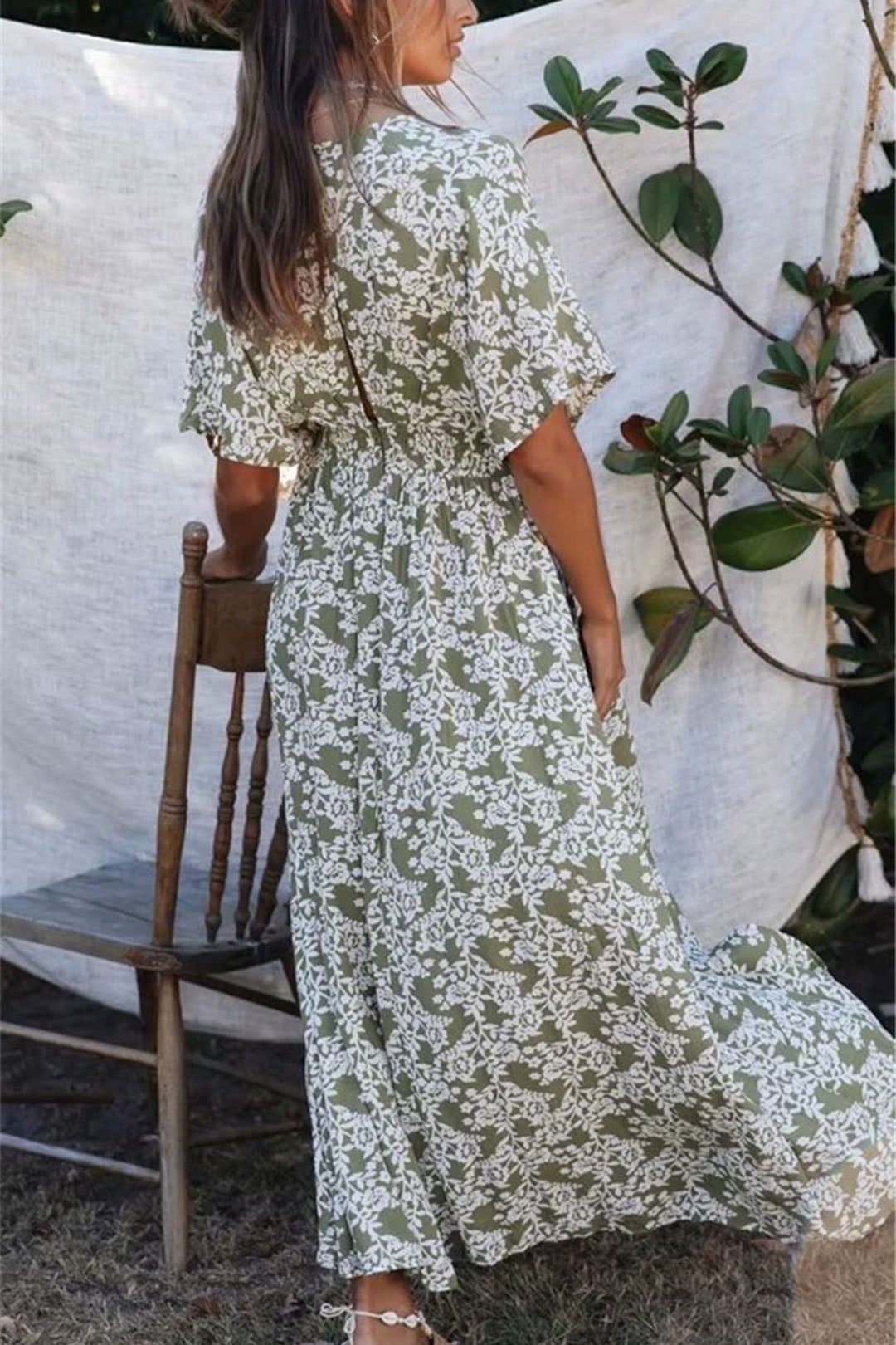 Boho Maxi Dress, Sundress, Wild Floral Vintage Oroslavje in Moss Green