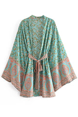 Boho Robe, Kimono Robe,  Beach Cover up, Wild Floral in Mint Green