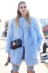 Boho Winter  Coat, Fur Coat, Faux Fox Fur, Arctic Blue