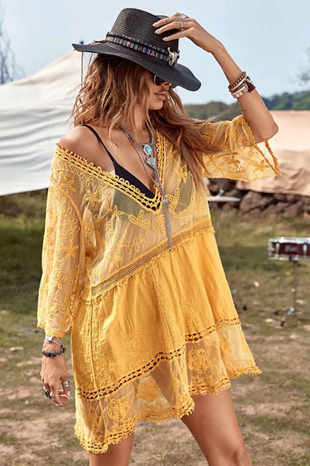 Beach Robe, Lace Cover Up, Margot in Green, Yellow and Red