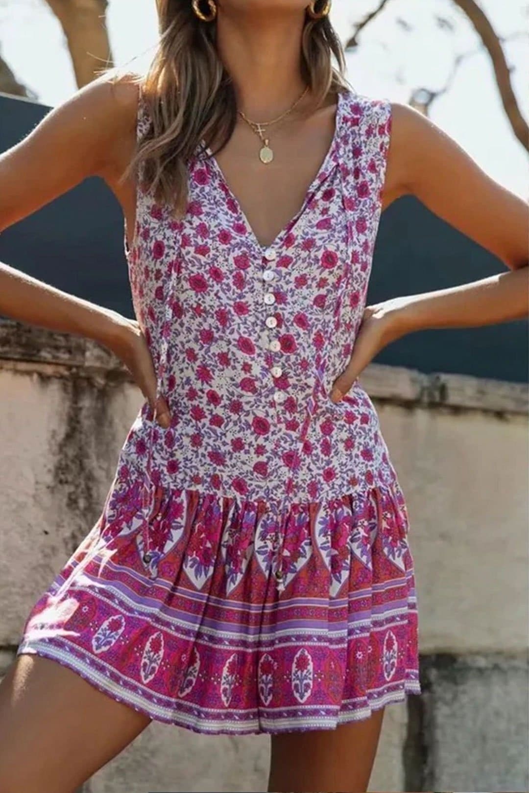 Boho Mini Dress Sundress, Wild Floral Fresco in Pink