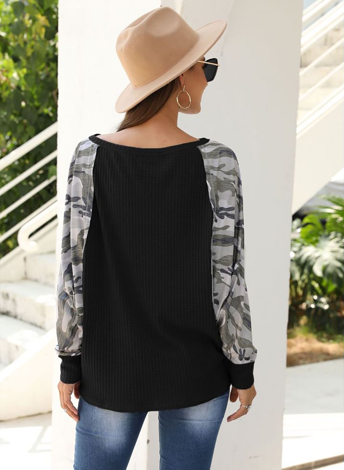 Camouflage Leopard Off Shoulder Batwing Sleeve Shirt