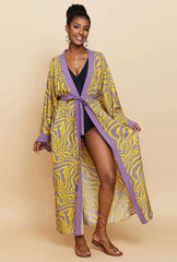 Beach Robe - Boho Robe - Summer Chic Cover-Up with Tie Dye Ausha Stripe Black Yellow