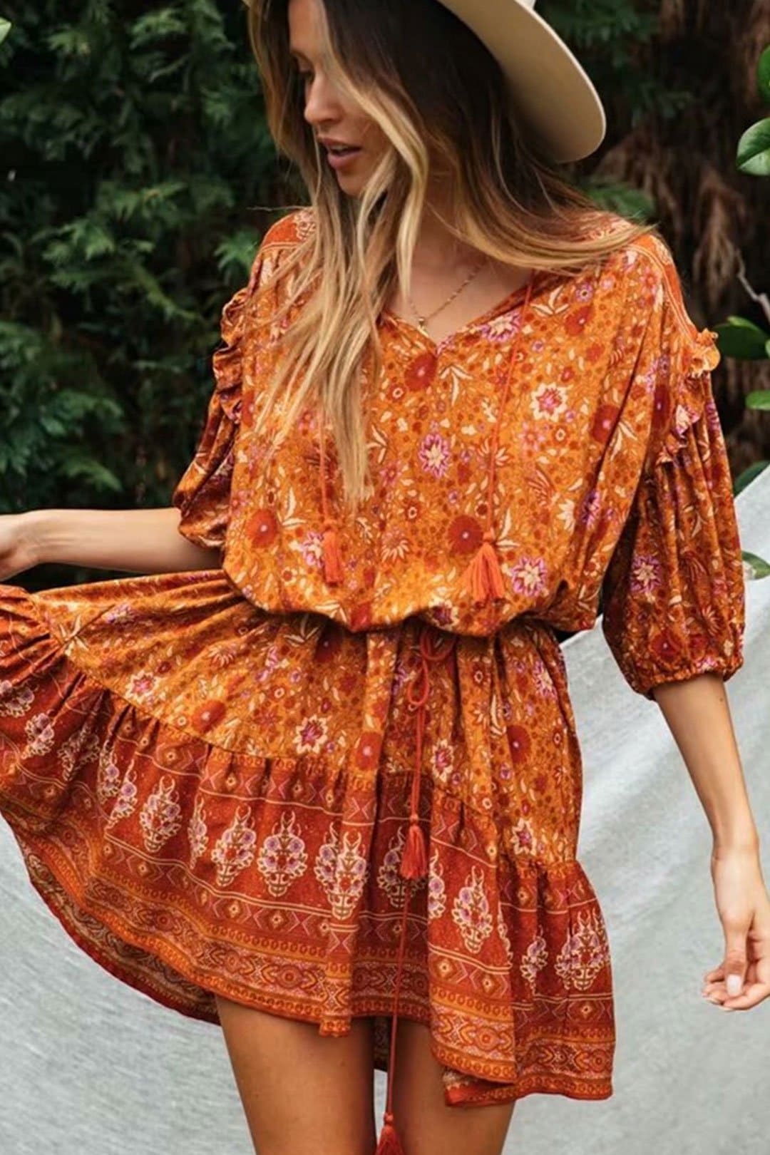 Boho Mini Dress Sundress, Wild Floral  in Indian Spice