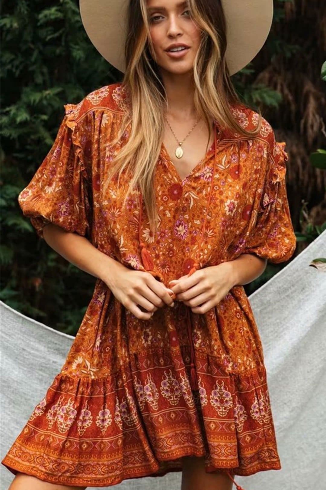 Boho Mini Dress Sundress, Wild Floral  in Indian Spice