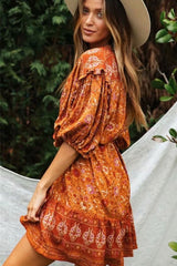 Boho Mini Dress Sundress, Wild Floral  in Indian Spice