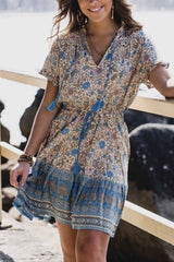 Boho Mini Dress Sundress, Tunic Dress, Indian Flower in Blue