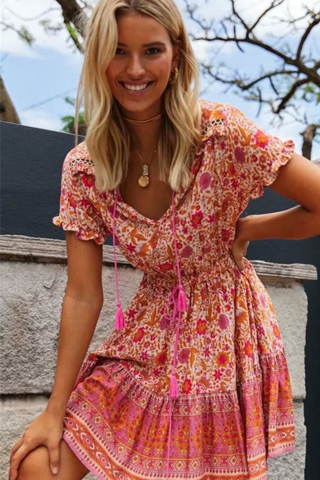 Boho Mini Dress Sundress, Tunic Dress, Indian Flower in Pink and Black