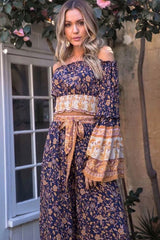 Boho Two Piece Set, Crop Top Blouse and Palazzo Pant, Jasmine in Navy Blue