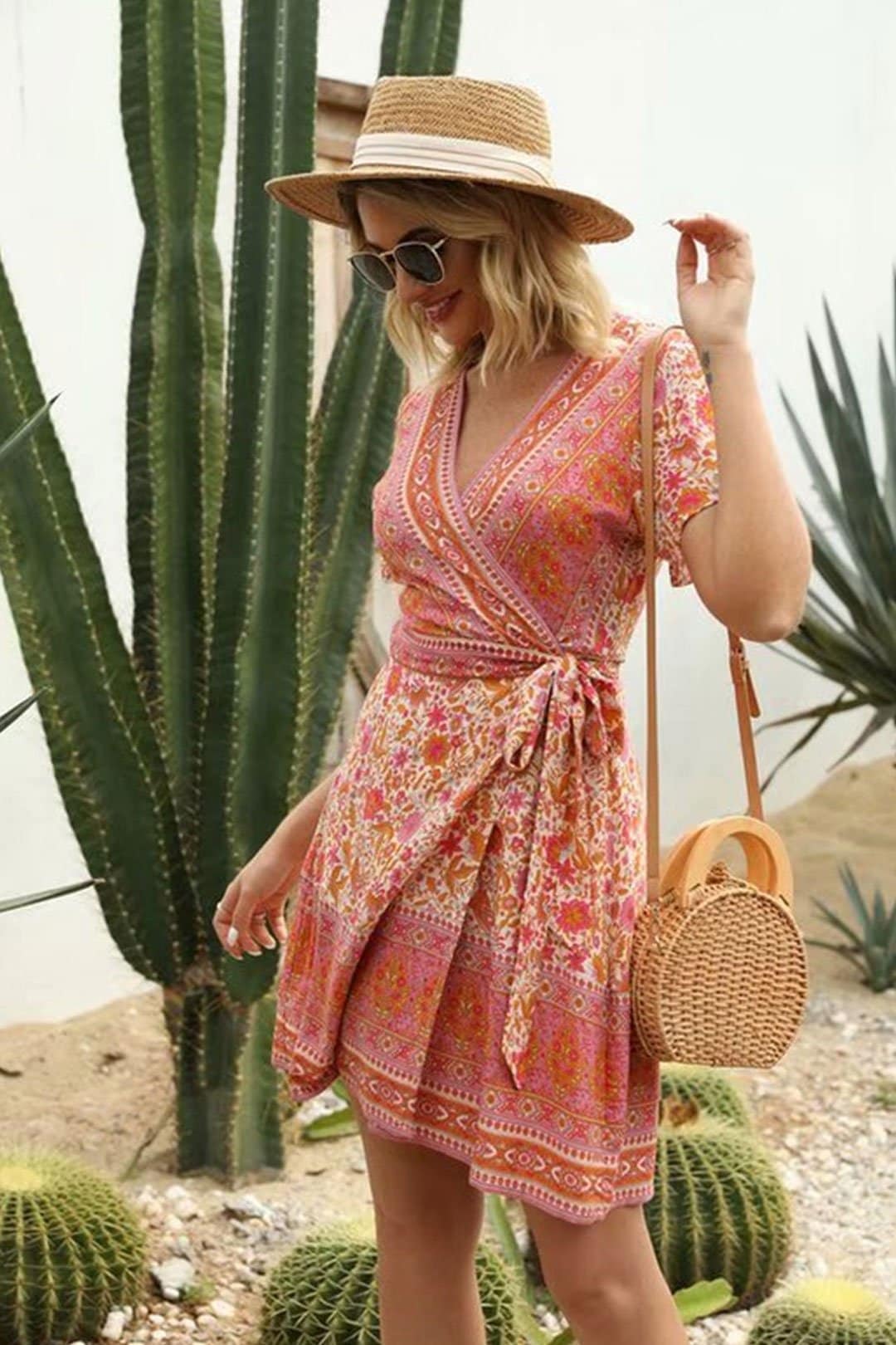 Boho Mini Dress Sundress, Indian Flower in Pink