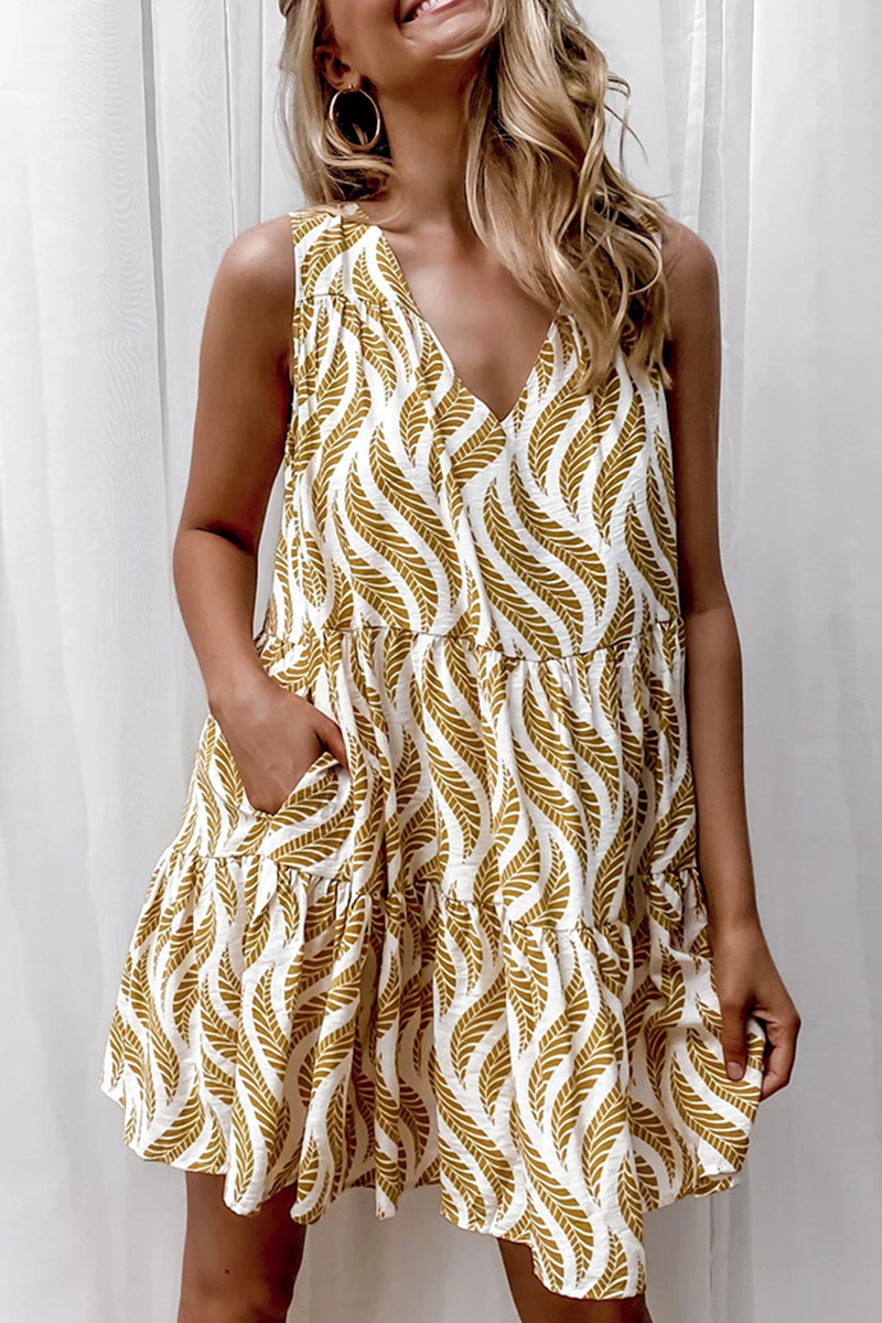 Casual  Vacation Print Flounce V Neck Dresses