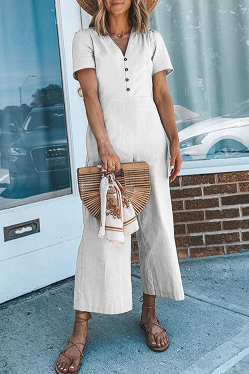 Button V Neck Short Sleeve Jumpsuits