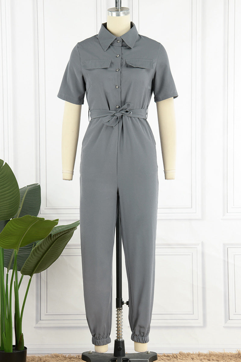 Casual Daily Solid Frenulum With Belt Turndown Collar Regular Jumpsuits(10 Colors)