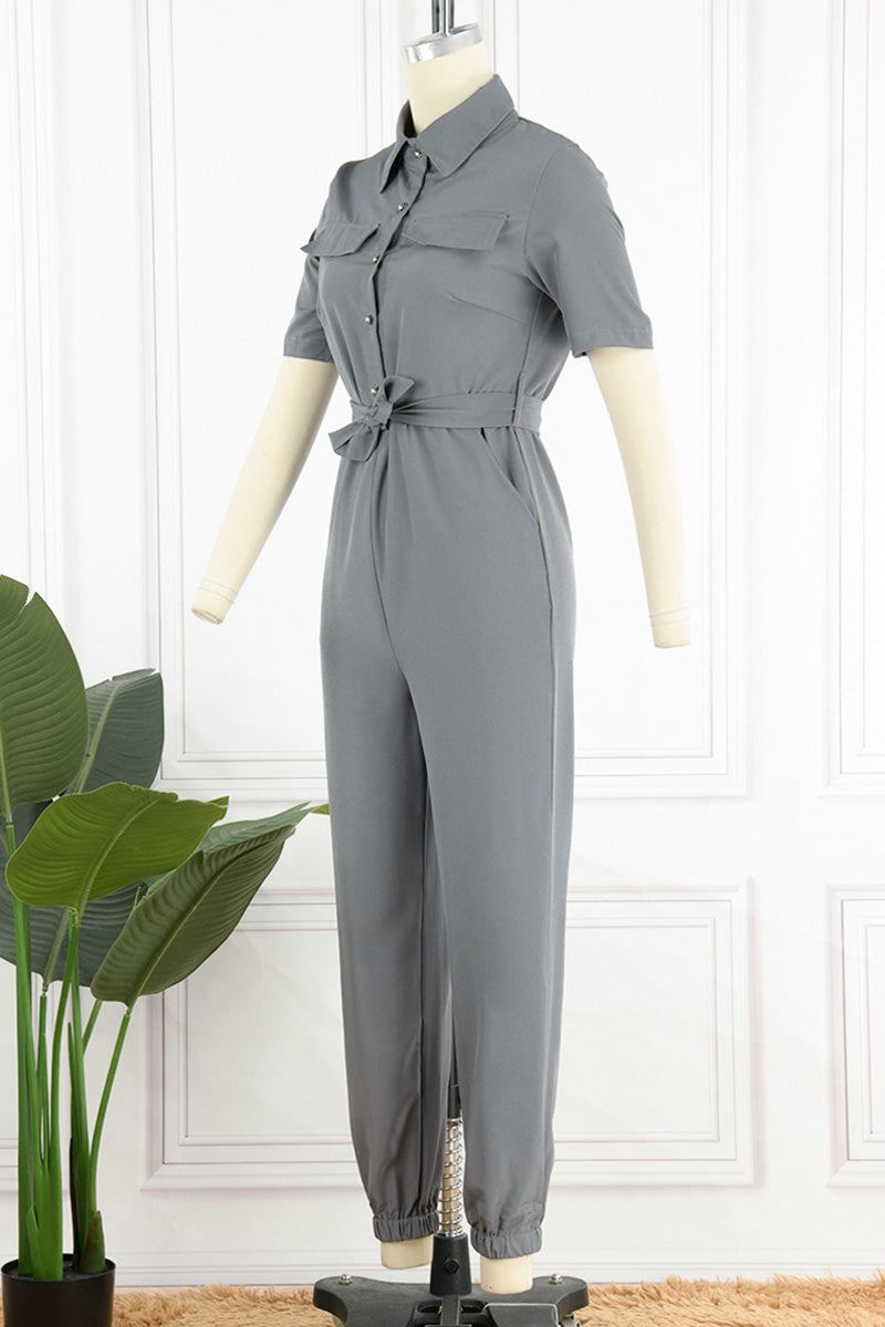 Casual Daily Solid Frenulum With Belt Turndown Collar Regular Jumpsuits(10 Colors)