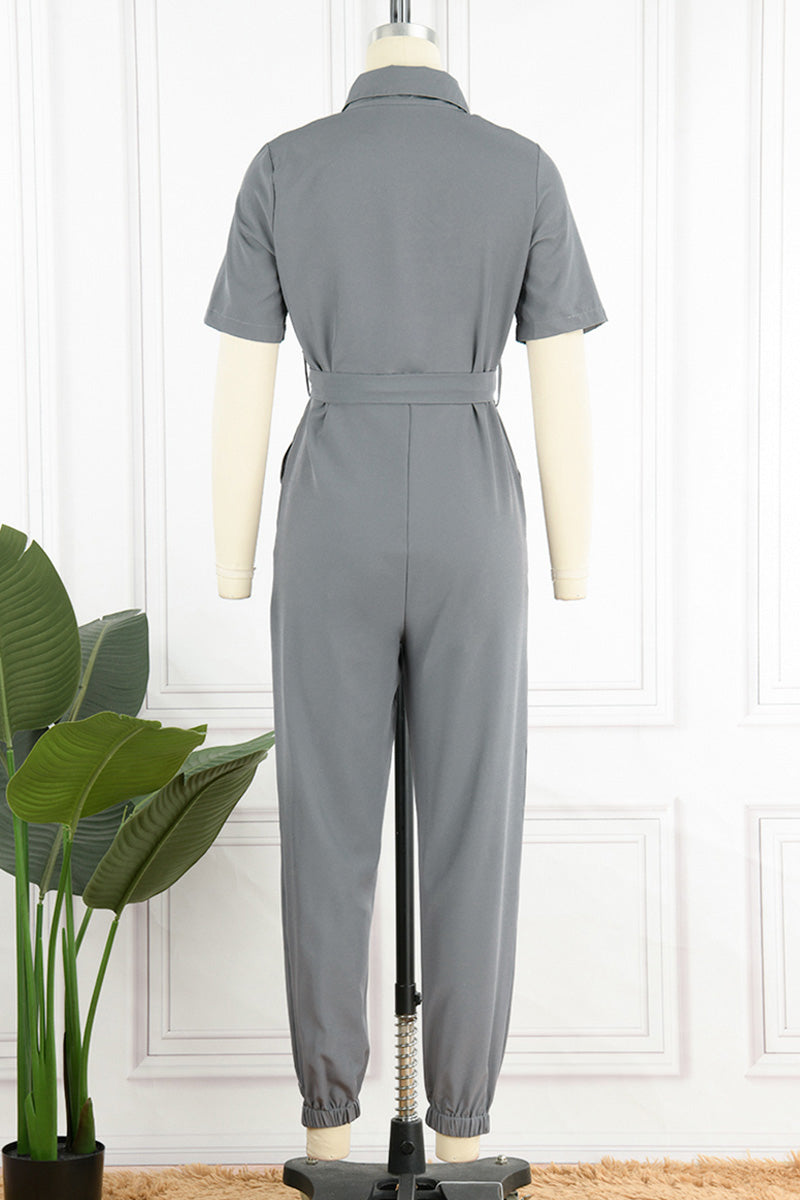 Casual Daily Solid Frenulum With Belt Turndown Collar Regular Jumpsuits(10 Colors)