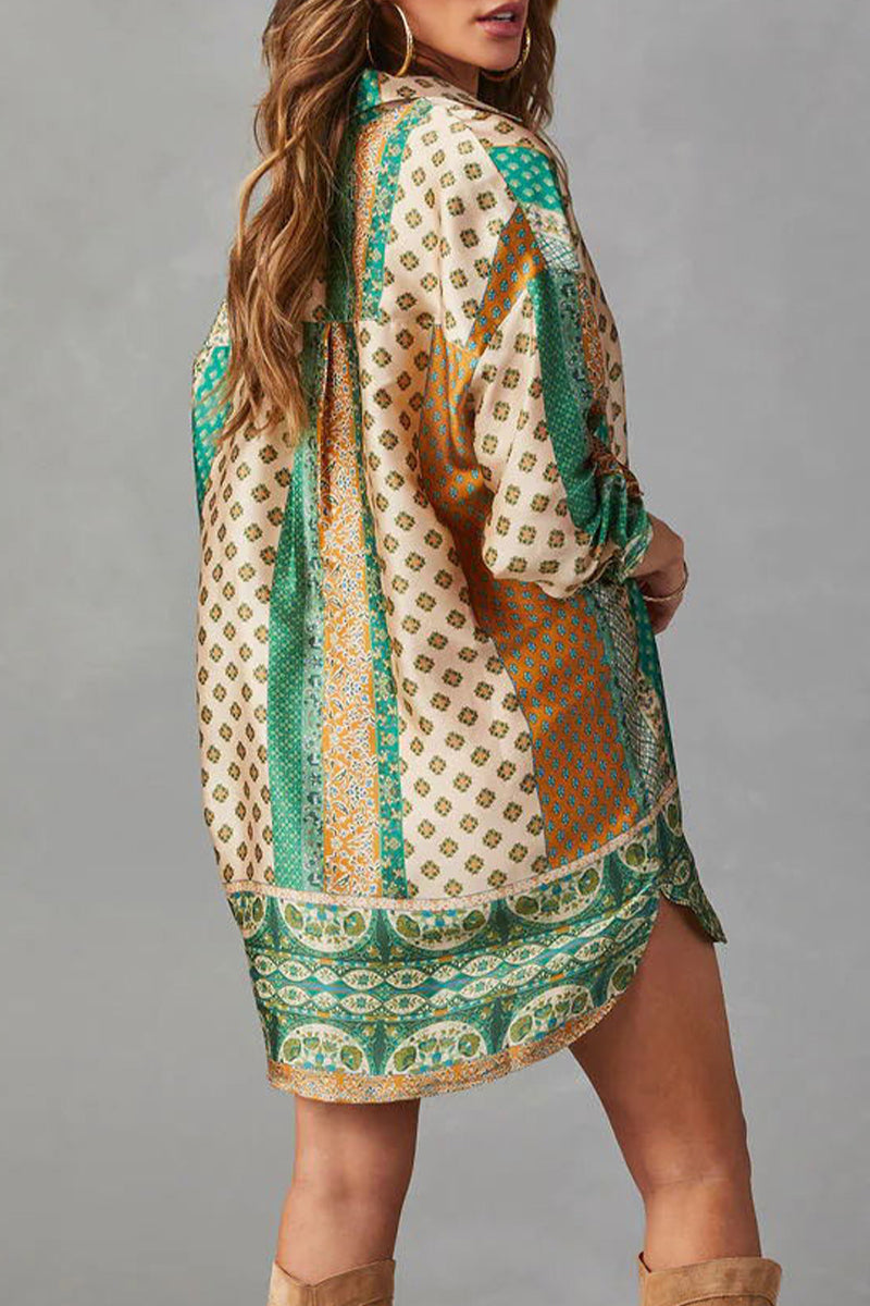 Casual College Geometric Print Pocket Turndown Collar Tops(No Belt)