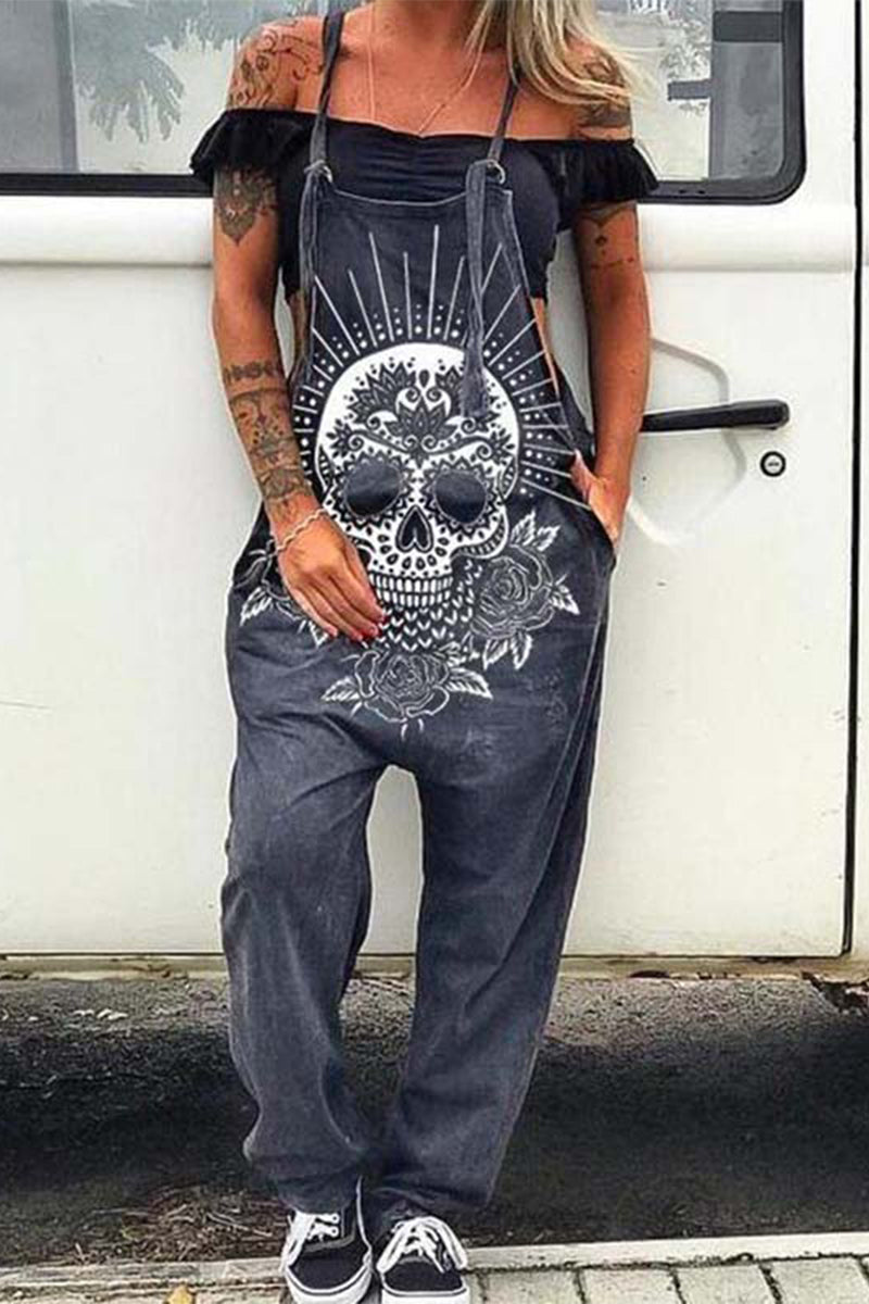 Casual College Skull Head Print Pocket U Neck Loose Jumpsuits