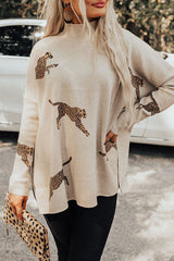 Casual Animal Slit Printing Turtleneck Tops