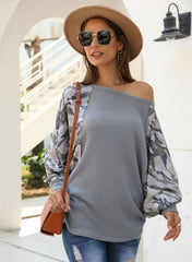 Camouflage Leopard Off Shoulder Batwing Sleeve Shirt