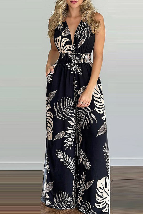 Carneros Floral Print Halter Wide Leg Jumpsuit