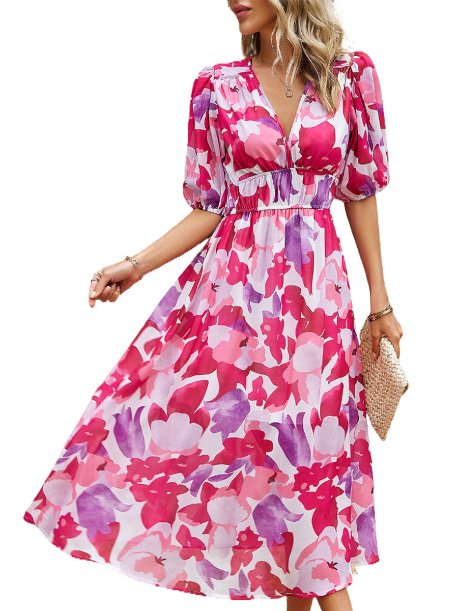 Women's Dresses Temperament Print Waist V Neck Midi Dress