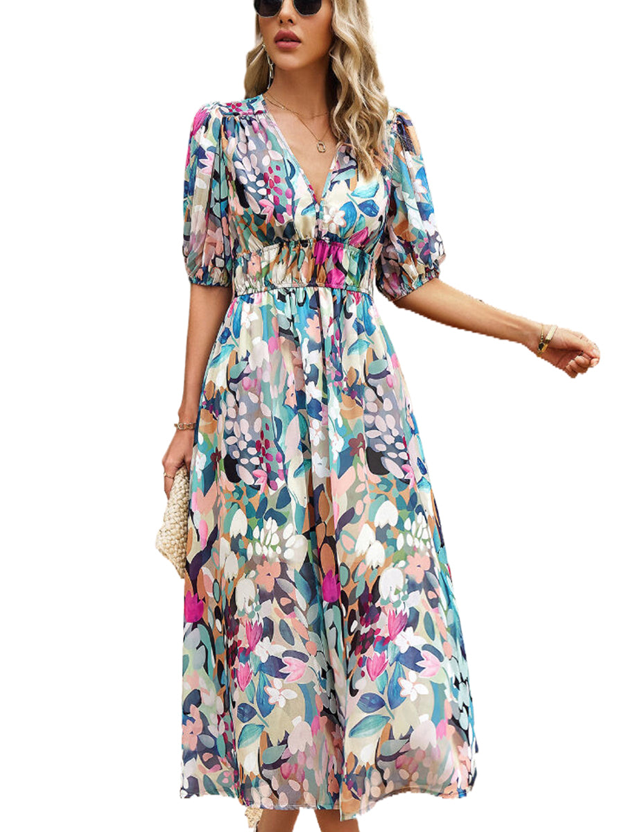 Women's Dresses Temperament Print Waist V Neck Midi Dress