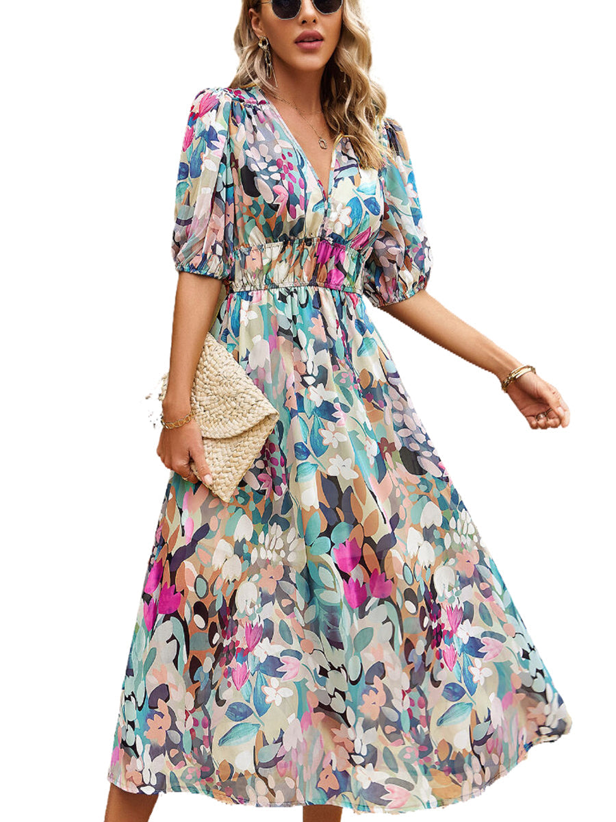 Women's Dresses Temperament Print Waist V Neck Midi Dress