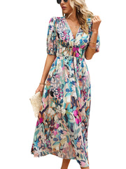 Women's Dresses Temperament Print Waist V Neck Midi Dress