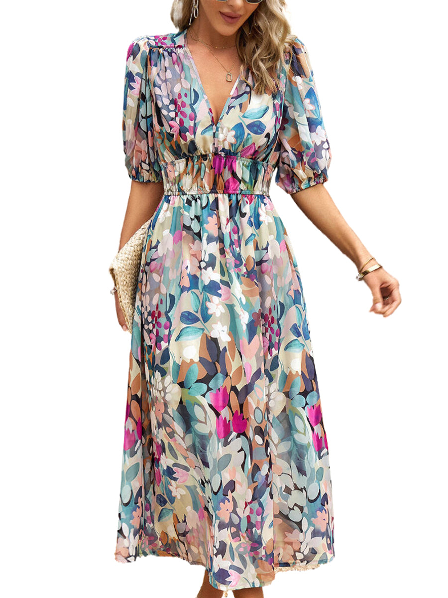 Women's Dresses Temperament Print Waist V Neck Midi Dress